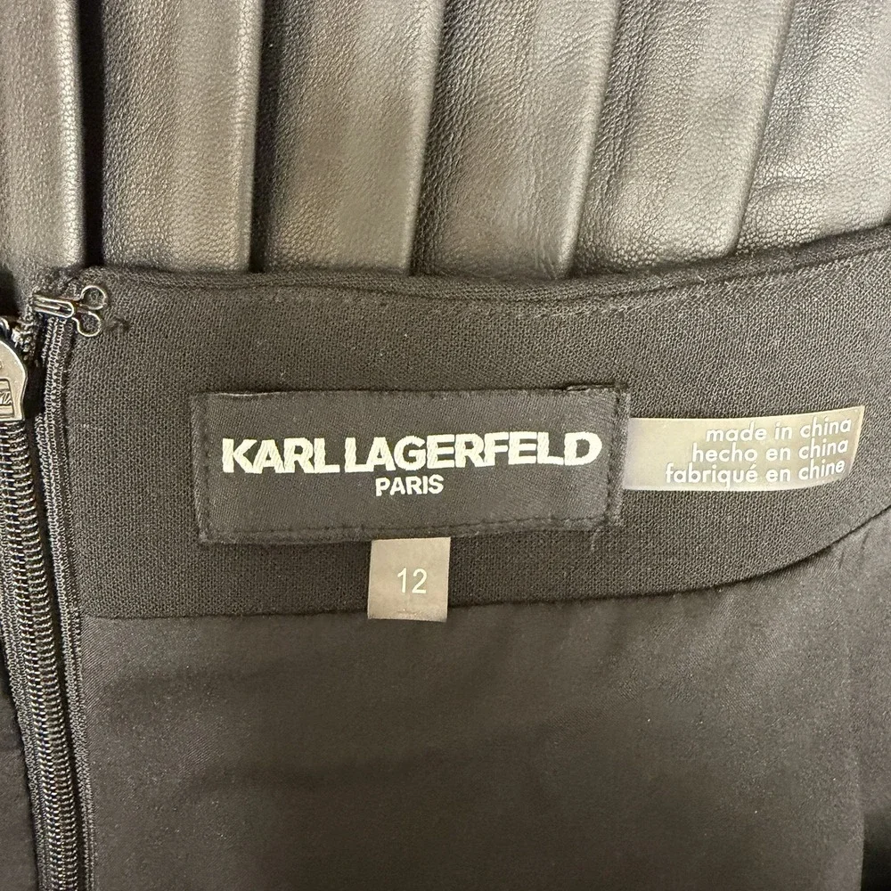 Karl Lagerfeld Skirt Black Vegan Leather Pleated Bottom Size 12 - Picture 7 of 7
